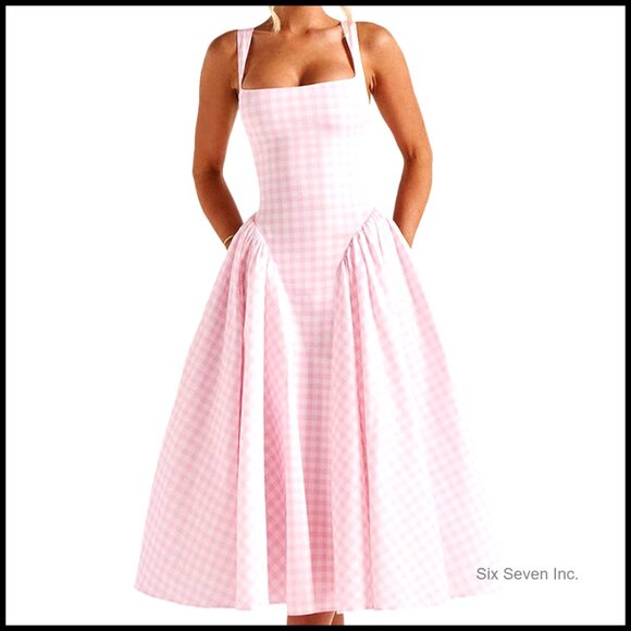 Dresses & Skirts - Long Gingham Corset Sundress Square Neck Lace Up Backless A Line Casual